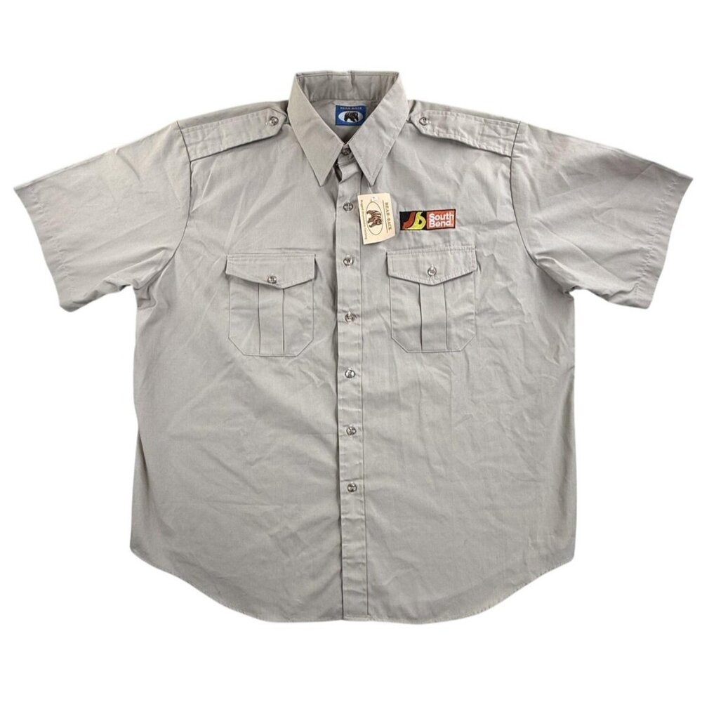 Vintage South Bend Shirt Men XL Tan Short Sleeve Button Front Work Bear Back USA